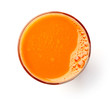 glass of fresh carrot juice isolated on white, from above