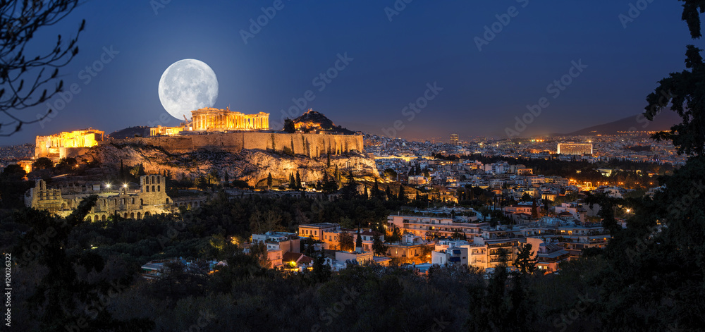 Obraz na płótnie Vollmond über der Akropolis und Athen w salonie