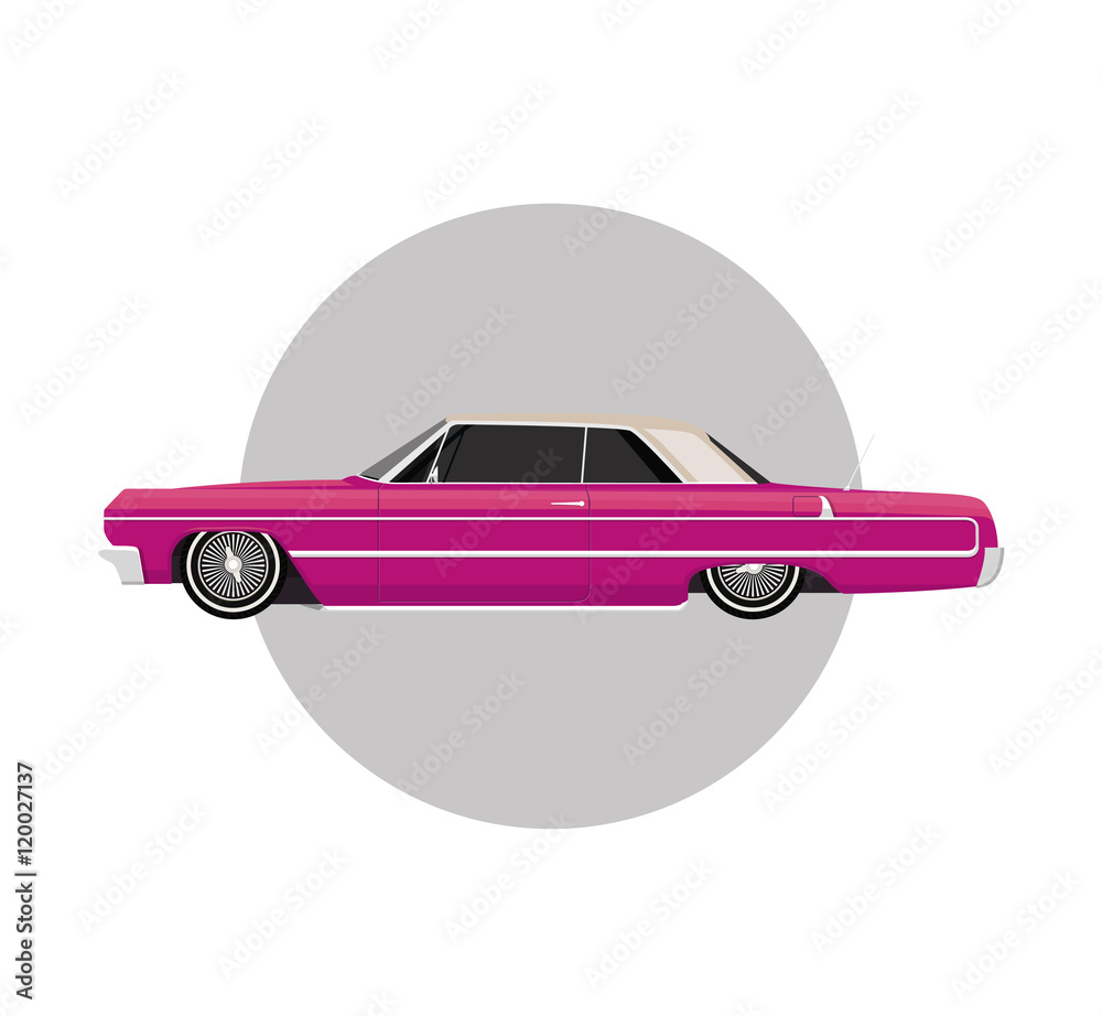 Pink Low Riders Background Pink lowrider on gray round background, vintage retro car, flat vector ...