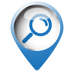 Wall Mural - Map pin symbol with Magnifying Glass icon. Blue symbol on white