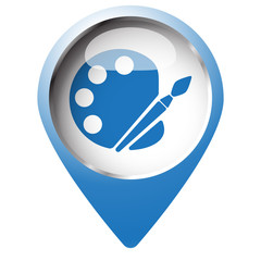 Map pin symbol with Palette icon. Blue symbol on white backgroun