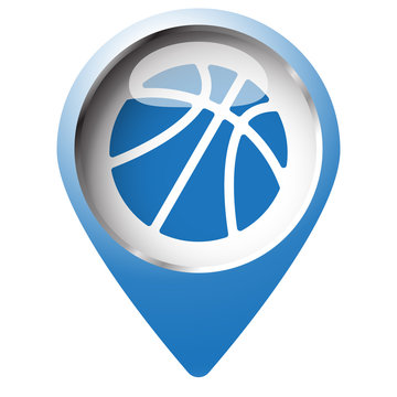 Map pin symbol with Basketball icon. Blue symbol on white backgr