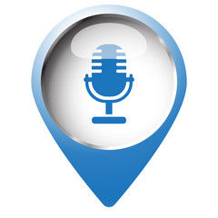 Map pin symbol with Microphone icon. Blue symbol on white backgr