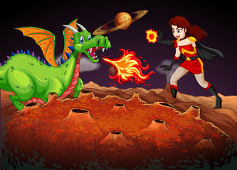 Sticker - Superhero fighting dragon on red planet