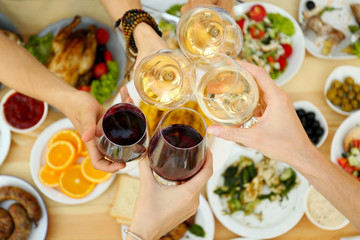 Friends cheering with glasses of wine on picnic