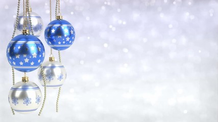 Wall Mural - blue and silver christmas balls hanging on bokeh background. Seamless loop. 3D render