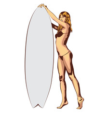 Wall Mural - Surf board and young pretty woman bikini