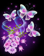 Transparent Butterflies With Flowers And Stars