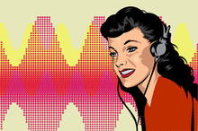 Retro Girl Listen Music In Her Headphone, Vector Image