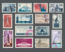 Travel, Vacation, Postage Stamp With Architecture And World Landmarks