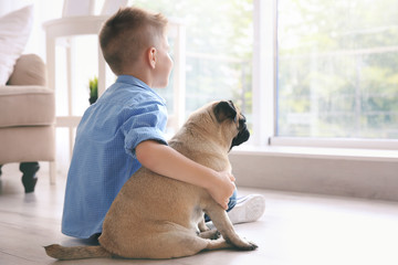 Cute boy with pug dog on floor