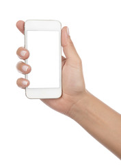 Wall Mural - female hand holding mobile smart phone with blank screen isolated on white background