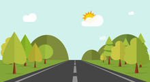 Road Across Green Forest And Hills Vector Illustration, Flat Cartoon Mountains, Forest, Road And Nature Landscape, Highway Summer View To Horizon