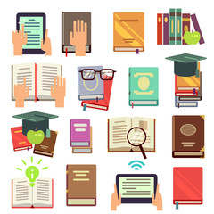 Sticker - Library, books reading flat vector icons