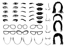 Woman Face Parts, Eye, Glasses, Lips And Hair. Vector Female Portrait Set