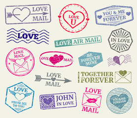 Wall Mural - Romantic postage stamp vector set for valentines day card, love letters