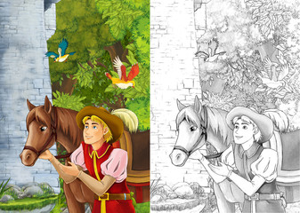 Wall Mural - Cartoon scene of a nobleman - some prince or traveler - his horse is nearby - with coloring page - illustration for children