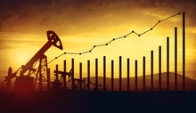 3d Illustration Of Oil Pump Jacks On Sunset Sky Background. Concept Of Growing Oil Prices