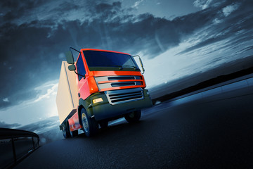 3d rendered illustration of orange semi truck on asphalt road highway at sunset - transportation background