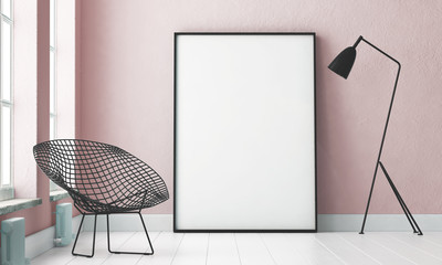 mockup interior with a poster and a floor lamp. trend color. 3d