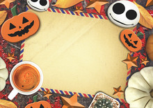 Halloween Concept, Postcard, Coffee Cup And Pumpkin On Old Wooden Table Background. Over Light And High Contrast