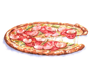 Wall Mural - Hand-drawn watercolor illustration of the pizza. Drawing of the fast Italian food isolated on the white background.