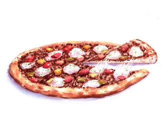 Wall Mural - Hand-drawn watercolor illustration of the pizza with the meat stuffing and feta cheese. Drawing of the fast Italian food isolated on the white background.