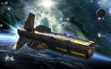 spaceship destroyer and planet