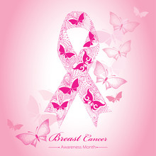 Vector Illustration With Lace Pink Ribbon On The Pink Background With Dotted Butterflies. Elegance Design For International Health Campaign For Woman In October. Breast Cancer Awareness Month Symbol. 