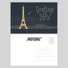 France, Paris Vector Postcard Design With Eiffel Tower