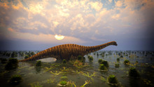 Prehistoric Landscape With Big Diplodoc 3d Rendering