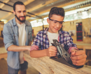 Wall Mural - Father and son working with wood