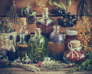 Wall Mural - Bottles of tincture, potion, oil, healthy berries and herbs