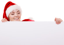 Woman With Blank Empty Banner Board. Christmas