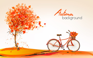 Aufkleber - Autumn background with a tree and a bicycle. Vector