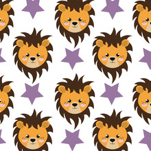 Yellow Lion Animal Character Cute Cartoon And Purple Stars Background. Vector Illustration