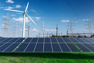 Electric industrial. Power station, windmill and solar panels