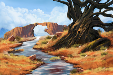 Wall Mural - Stone Bridge, River, and Tree. Video Game's Digital CG Artwork, Concept Illustration, Realistic Cartoon Style Background
