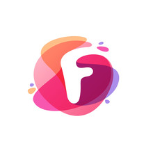 Letter F Logo At Colorful Watercolor Splash Background.