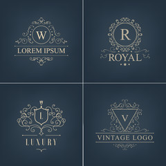 Wall Mural - Vector abstract logotypes, icons. Set Luxury Logos template calligraphic elegant ornament lines.