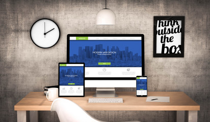 Poster - office workplace with fresh and modern web design devices collec
