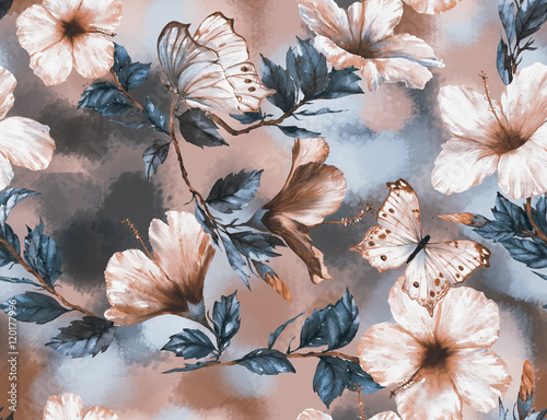 Naklejka - mata magnetyczna na lodówkę Hand-drawn watercolor floral seamless pattern with the tender white and pink hibiscus flowers and butterflies. Natural tropical and vibrant repeated print for textile, wallpaper etc. Tropical pattern