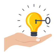 Wall Mural - solution concept with light bulb, key and hand.