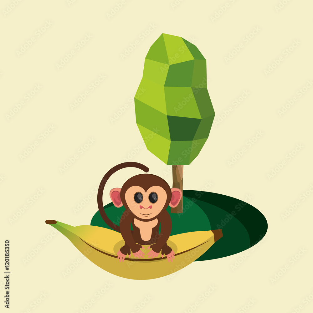 flat design jungle monkey cartoon and banana with abstract tree vector ...