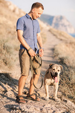 Young Caucasian Male Walking With Dog During Sunrise
