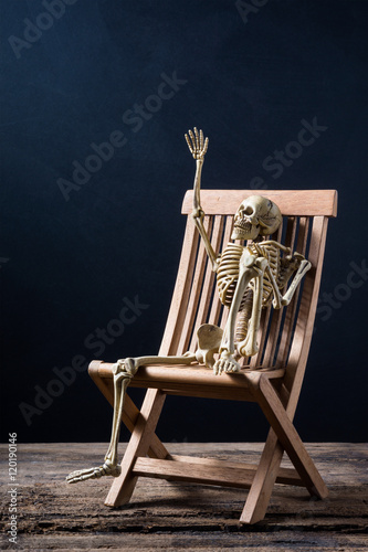 Skeleton Is Gesticulate Sitting On The Wood Chair Buy This Stock