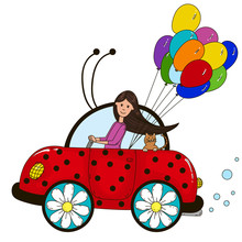 The Girl Behind The Wheel Of A Car Ladybug. Lucky Balloons.