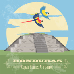 Wall Mural - Honduras landmarks. Copan Ruinas, ara parrot. Retro styled image