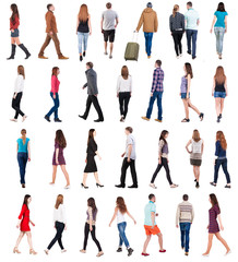 Sticker - collection back view of walking people . going people in motion set. backside view of person. Rear view people collection. Isolated over white background.