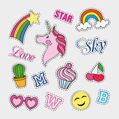 fashion patch badges with different elements. set of stickers, pins, patches and handwritten notes c